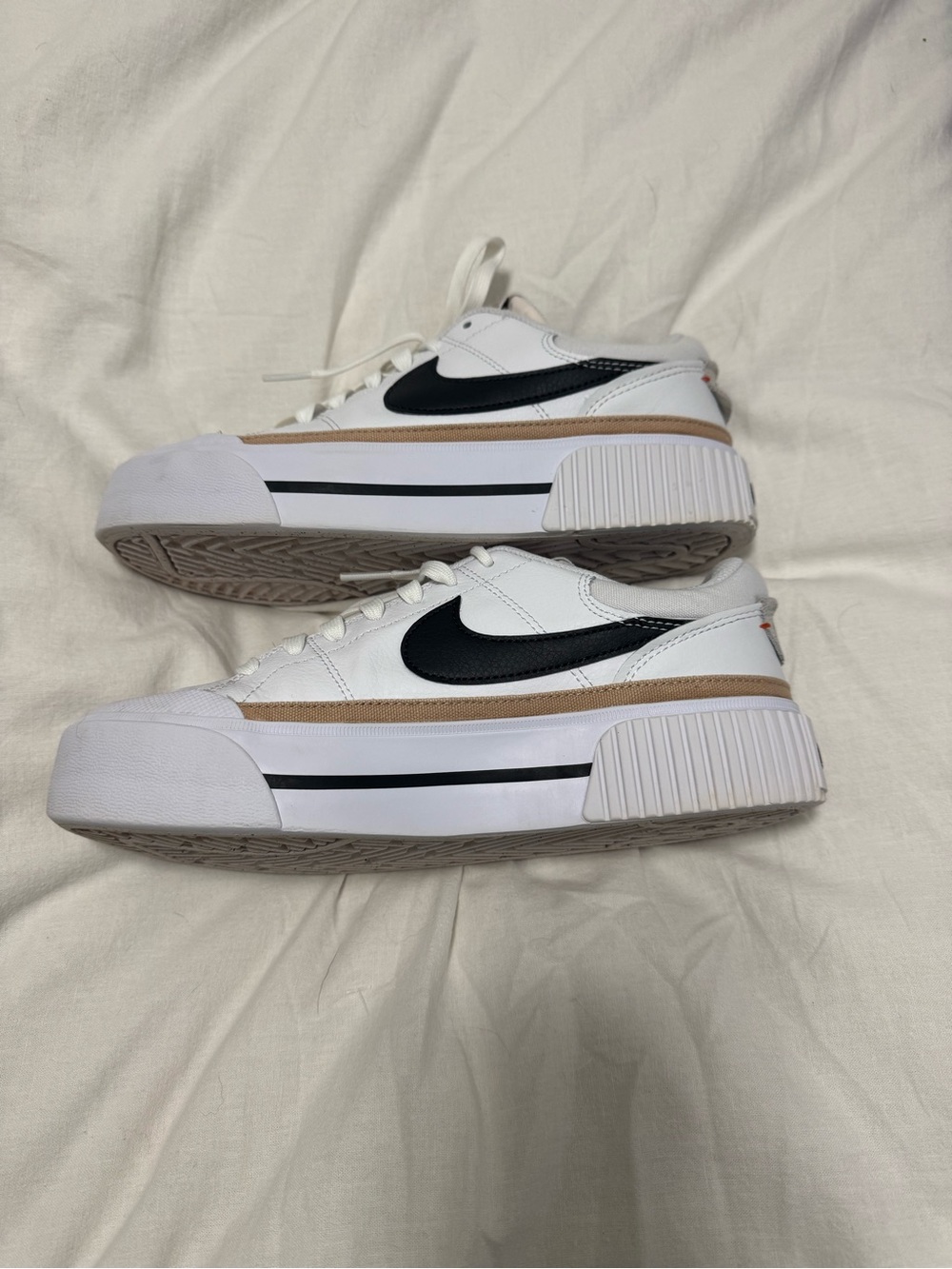 Nike White Leather Platform Sneakers with Black Swoosh and Tan Trim - Picture 2 of 8